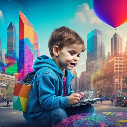 A colorful illustration of a young child surrounded by digital devices, with math-inspired icons (e.g., numbers, shapes, graphs) swirling around, blending into a virtual cityscape with buildings shaped like math symbols.