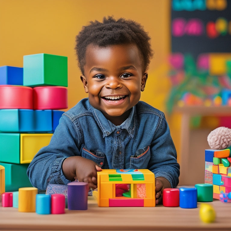 A vibrant illustration of a smiling kindergarten-age child surrounded by colorful blocks, toys, and learning materials, with a subtle background of a chalkboard or classroom setting.