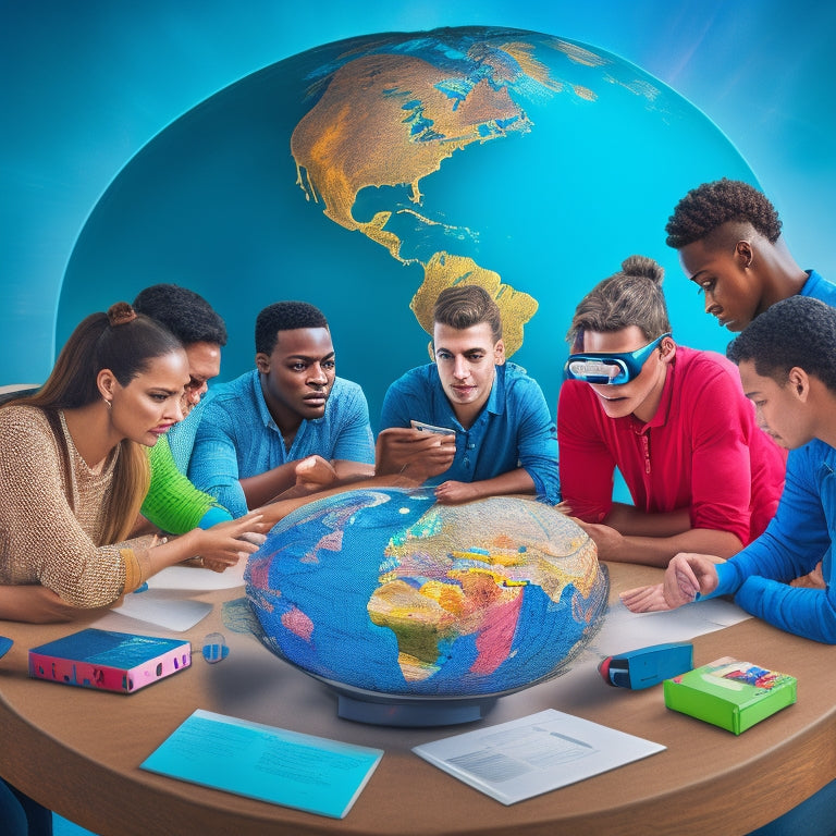 A colorful illustration of a diverse group of students gathered around a virtual globe, surrounded by math problems and formulas projected onto the globe, with virtual reality headsets and laptops scattered around them.