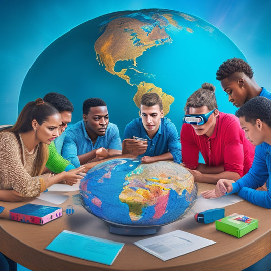 A colorful illustration of a diverse group of students gathered around a virtual globe, surrounded by math problems and formulas projected onto the globe, with virtual reality headsets and laptops scattered around them.