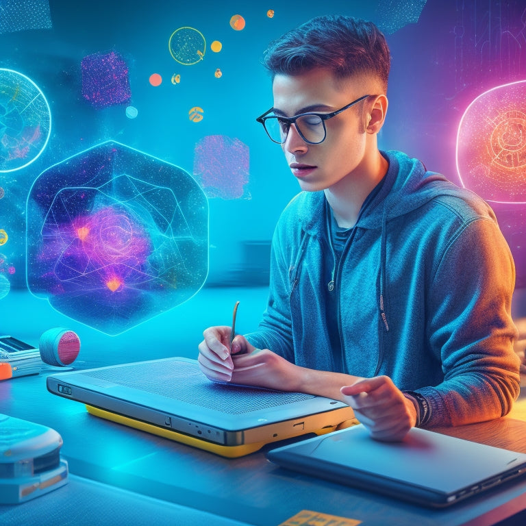 A colorful, futuristic illustration of a student surrounded by various digital tools, such as tablets, laptops, and smartphones, with mathematical equations and graphs floating around, connected by glowing lines.