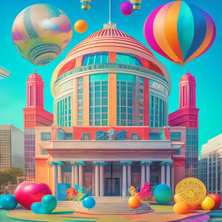 A stylized illustration of the Federal Reserve Bank of Kansas City building surrounded by colorful, swirling shapes representing education, with books, globes, and gears integrated into the design.