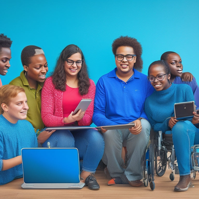 A diverse group of students with varying disabilities, each engaged with a tablet or laptop, surrounded by adaptive tools and assistive technology, set against a calming, gradient blue background.