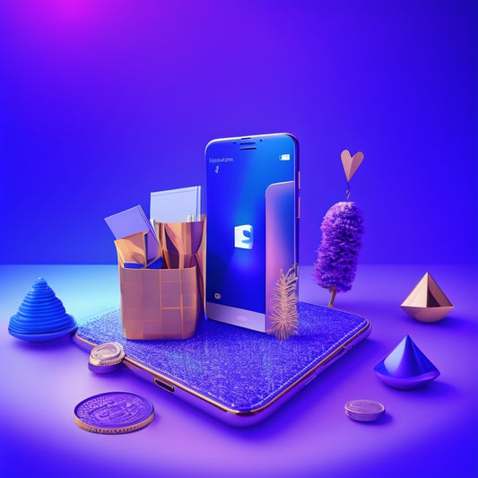 A stylized illustration of a smartphone with the Instagram app open, surrounded by rising arrows, coins, and shopping bags, set against a gradient background of deep blues and purples, evoking growth and luxury.