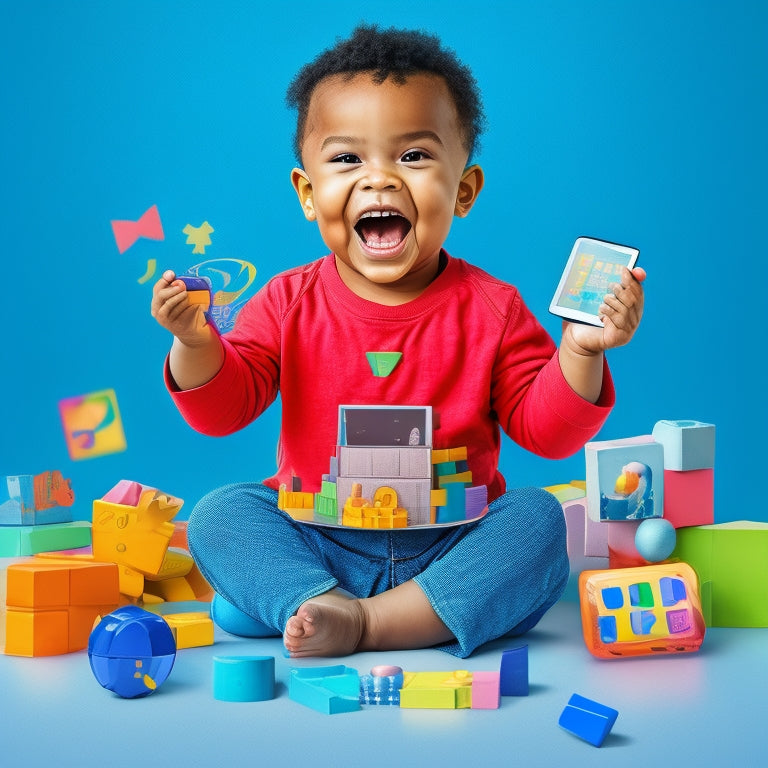 A colorful illustration of a smiling toddler holding a tablet, surrounded by floating icons of popular educational apps, with a subtle background of building blocks and learning materials.