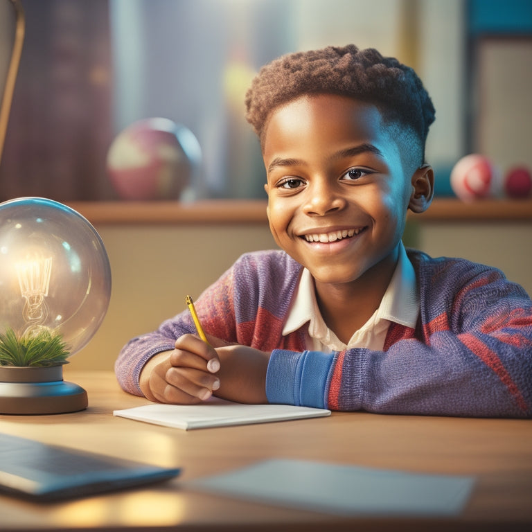 A smiling 4th-grade student sitting at a desk with a laptop and open textbooks, surrounded by colorful pencils and a globe, with a subtle cityscape background and a faint glow of a lightbulb above their head.