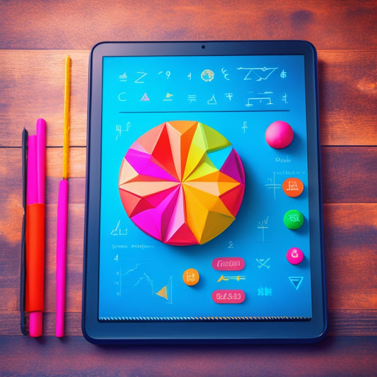 A colorful illustration of a tablet surrounded by various math symbols and shapes, with a subtle background of a chalkboard or a graph paper, and a few stylized math-related icons floating around.