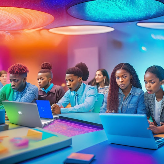 A futuristic classroom scene with a diverse group of students engaged with laptops, tablets, and interactive whiteboards, surrounded by swirling digital shapes and mathematical symbols in vibrant colors.