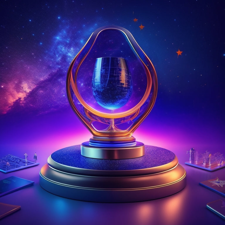 A colorful, futuristic trophy with a glowing blue educational badge at its center, surrounded by swirling shapes of tablets, laptops, and game controllers, set against a bright, starry night sky.