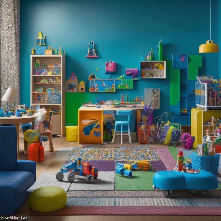 A colorful, clutter-free playroom with various educational toys and tools, including building blocks, robotics kits, microscopes, and 3D printers, surrounded by curious, diverse children engaged in creative play.