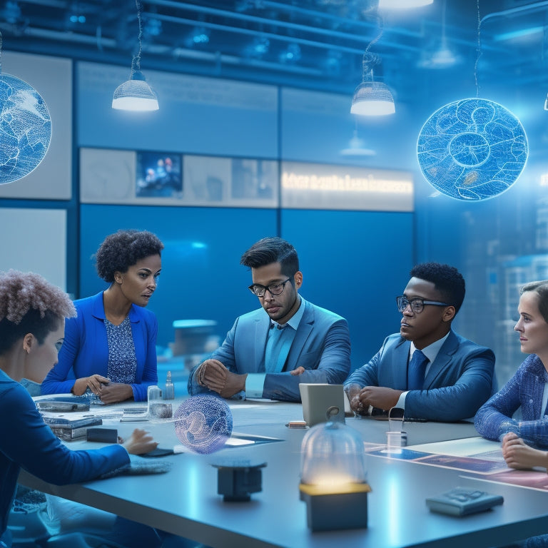 A futuristic virtual classroom with diverse avatars engaged in a collaborative puzzle, surrounded by floating brain icons, gears, and lightbulbs, amidst a swirling vortex of circuit boards and neurons.