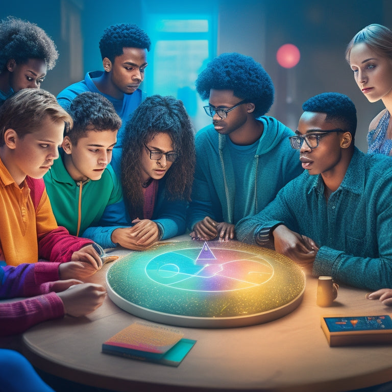 An illustration of a diverse group of students, each with a unique learning disability, gathered around a large, glowing tablet, surrounded by math symbols, formulas, and colorful learning aids.