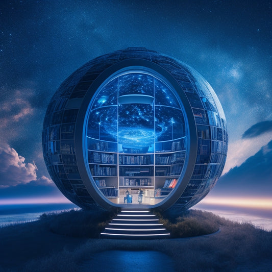 A futuristic, spherical library with glowing blue lines and swirling clouds of knowledge orbiting around it, surrounded by floating books, laptops, and tablets, set against a dark, starry night sky.
