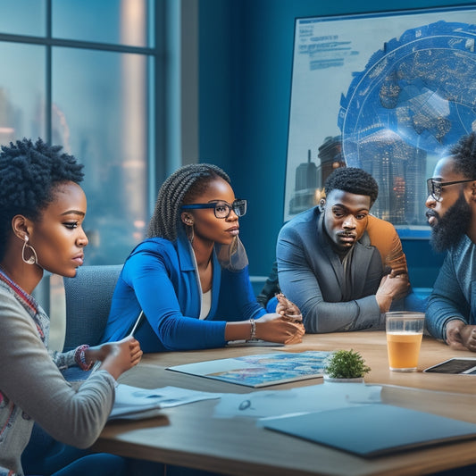 An illustration of a virtual classroom with diverse students engaged in discussions, surrounded by thought bubbles, puzzle pieces, and gears, with a subtle cityscape or futuristic background, conveying connection and problem-solving.