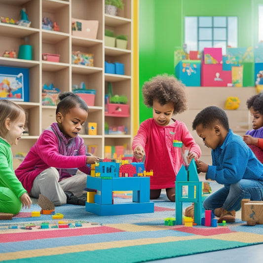 A colorful, clutter-free playroom scene with a diverse group of children, aged 4-8, building and playing with interlocking blocks of various shapes, sizes, and colors, surrounded by scattered blocks and half-built structures.