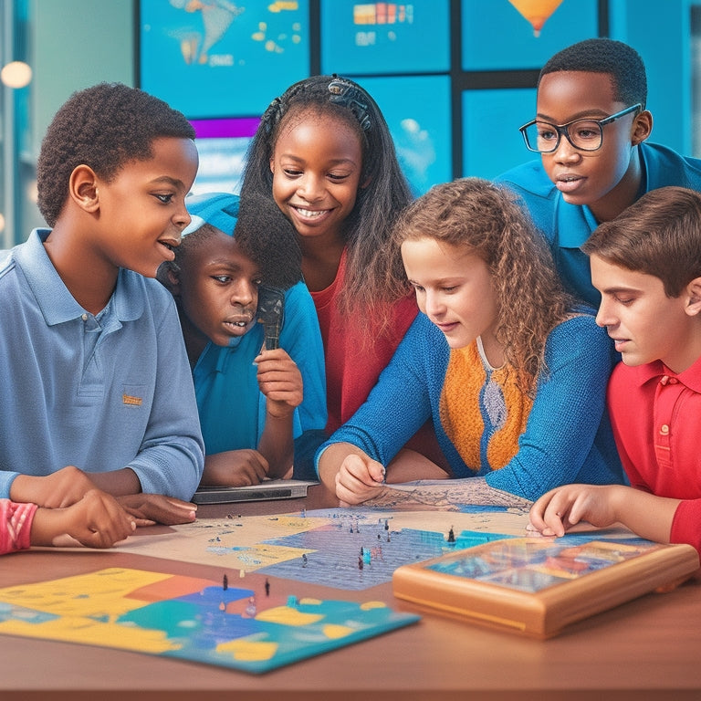 A colorful illustration of six diverse 6th-grade students gathered around a large, interactive touchscreen display, surrounded by math-related props like geometric shapes, calculators, and puzzles.