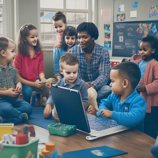 A colorful illustration of a preschool classroom with a teacher surrounded by diverse children engaging with various educational media tools, including tablets, interactive whiteboards, and educational toys.