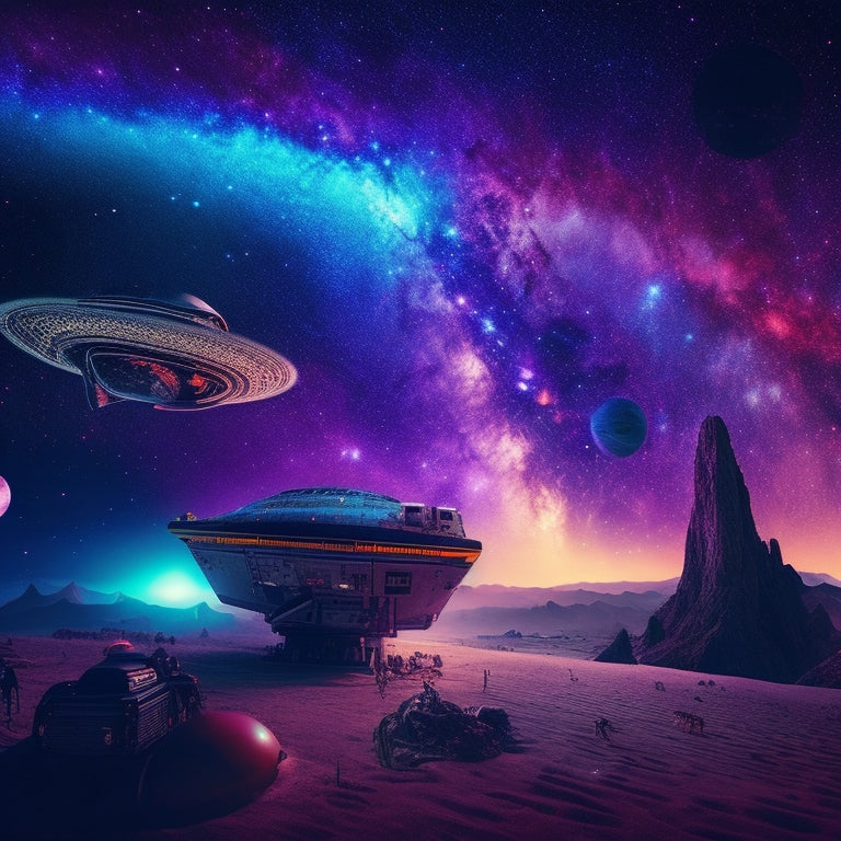 A vibrant, starry night sky with a swirling galaxy in the background, surrounded by various spaceships and alien creatures gathered around a glowing, pulsing remix console.