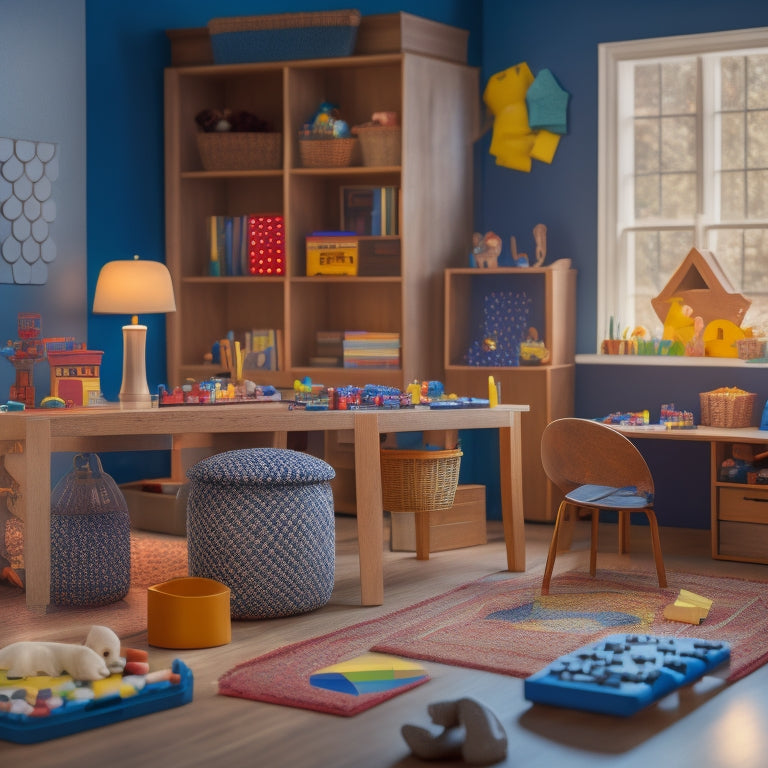 A serene, well-lit homeschooling space with a tablet and laptop open to interactive math games, surrounded by colorful manipulatives, geometric shapes, and a few strategically placed math textbooks.