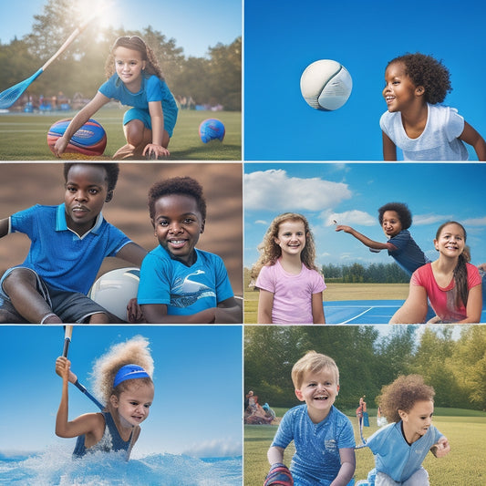 A vibrant illustration of diverse kids aged 6-16 engaging in various summer sports and activities, such as swimming, basketball, soccer, tennis, and kayaking, set against a bright blue sky with fluffy white clouds.
