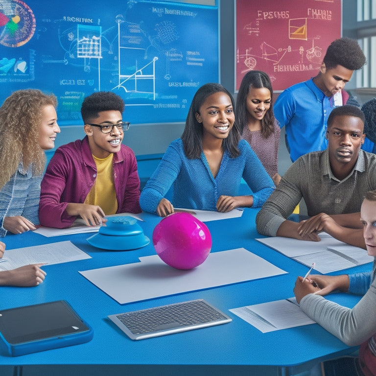 An illustration of a diverse group of students, each with a tablet or laptop, surrounded by math-related icons (e.g. geometry shapes, graphs, formulas) in a colorful, modern classroom setting.