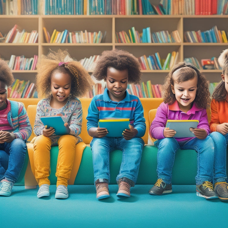 A vibrant illustration of diverse children aged 6-12 sitting in a colorful library, surrounded by digital tablets and e-readers, with thought bubbles containing book characters and comprehension symbols.