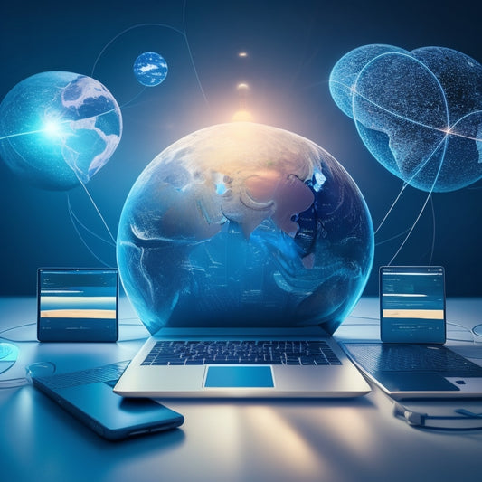 A futuristic, minimalist illustration featuring a glowing globe surrounded by orbiting icons of laptops, tablets, and smartphones, with subtle connections and wires forming a network in the background.