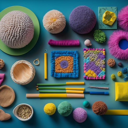 A colorful, clutter-free table displays a variety of sensory boards with different textures, shapes, and materials, such as fabric, wood, and pompoms, inviting children to explore and create.