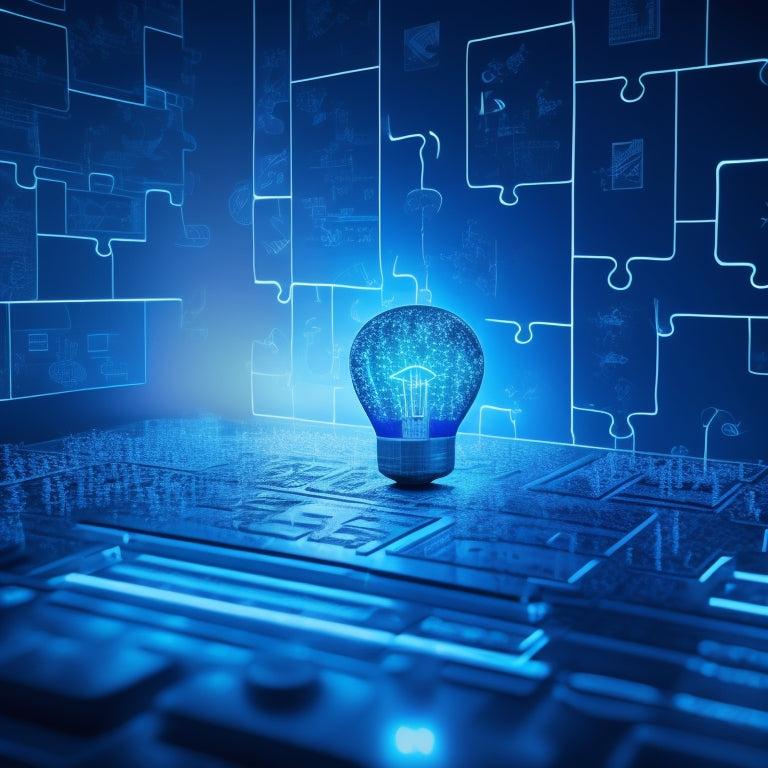 A illustration of a puzzle piece fitting into place, surrounded by digital screens displaying coding, flowcharts, and brain teasers, with glowing lightbulbs and sparks above, set against a dark blue background.