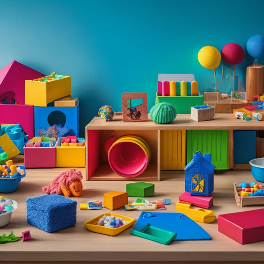 A colorful, clutter-free table setup with 5-7 carefully arranged, visually appealing learning kits for preschoolers, each containing various toys, blocks, and educational materials, surrounded by a few happy, playing children.