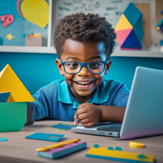 A colorful, modern illustration of a happy child sitting at a desk surrounded by math-related objects, with a laptop open to an interactive math lesson, and a tablet displaying a 3D geometry puzzle.