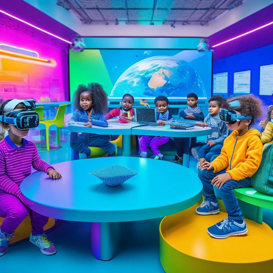 A colorful, futuristic classroom with diverse kids aged 6-12 wearing VR headsets, interacting with 3D virtual objects, and gesturing in wonder, surrounded by futuristic devices and screens displaying educational content.