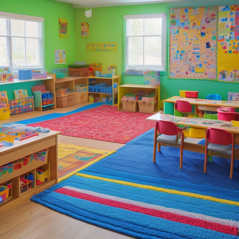 A bright, organized preschool classroom with colorful rugs, wooden tables, and tiny chairs, filled with baskets of blocks, toys, and art supplies, surrounded by vibrant posters and a large, circular calendar.