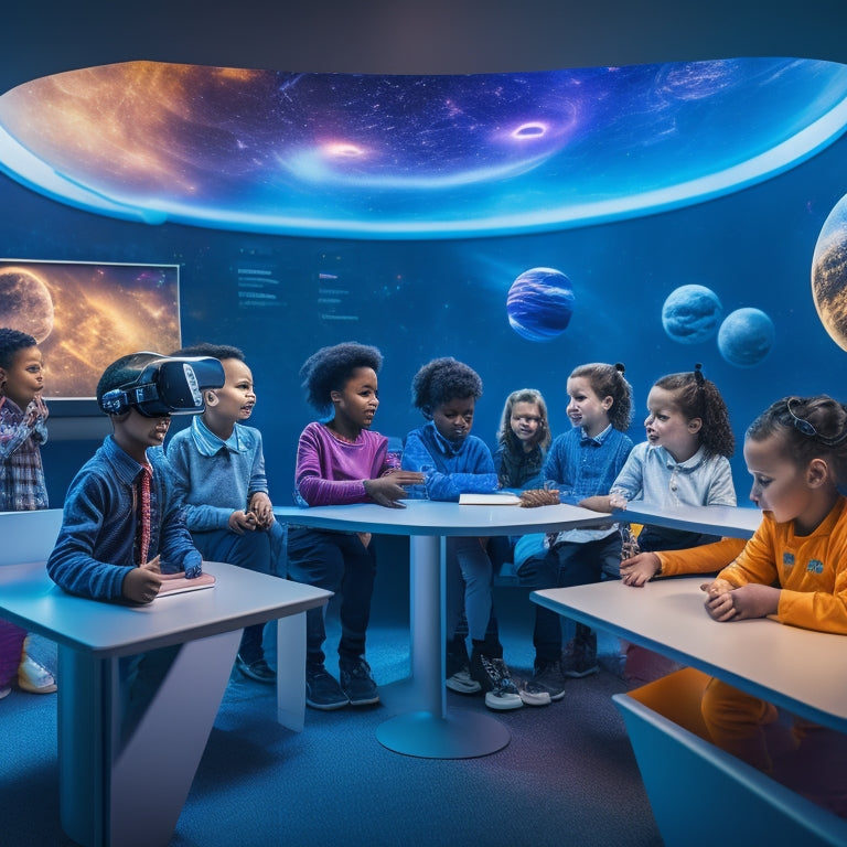 A futuristic classroom with diverse kids aged 8-12 wearing VR headsets, surrounded by interactive 3D projections of planets, animals, and molecules, with a subtle glow of screens and soft, colorful lighting.