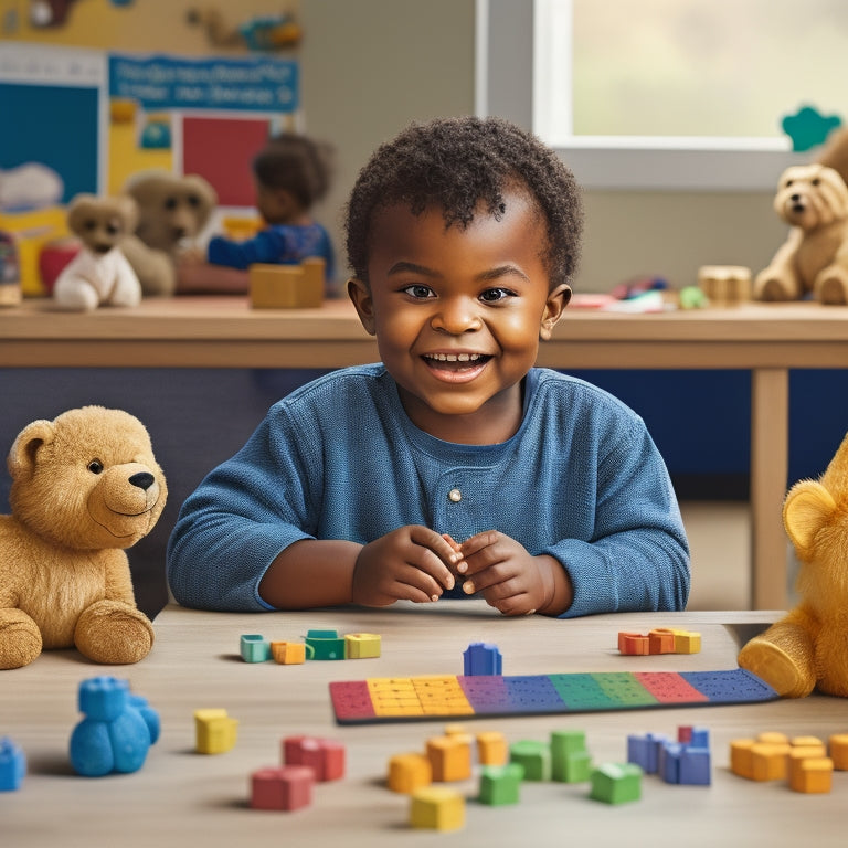 A colorful illustration of a smiling kindergarten-aged child sitting at a table surrounded by blocks, counting bears, and number lines, with a worksheet in the foreground featuring engaging addition problems.