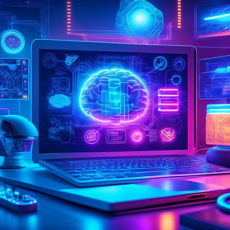 A futuristic, neon-lit background with a stylized, glowing brain at its center, surrounded by orbiting icons of laptops, tablets, and smartphones, with circuit boards and gears intertwined with DNA helices.