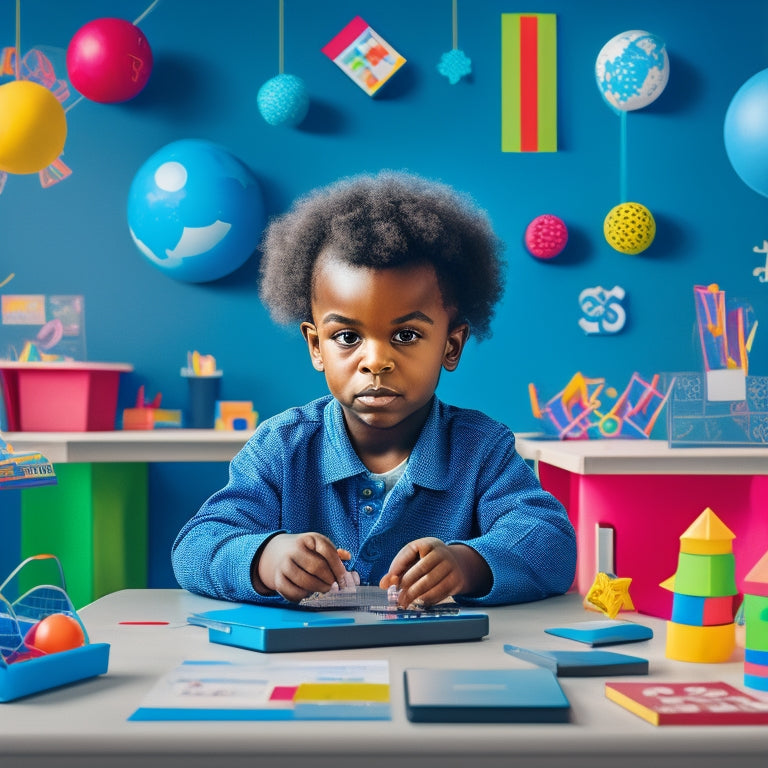 A colorful illustration of a young child sitting at a desk, surrounded by tablets and laptops, with math-based icons and shapes floating around, amidst a subtle background of a classroom or playroom.