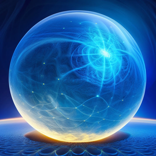 An illustration of a glowing, translucent globe with swirling patterns of light blue and yellow energy waves radiating from its core, surrounded by orbiting atoms and electrons.
