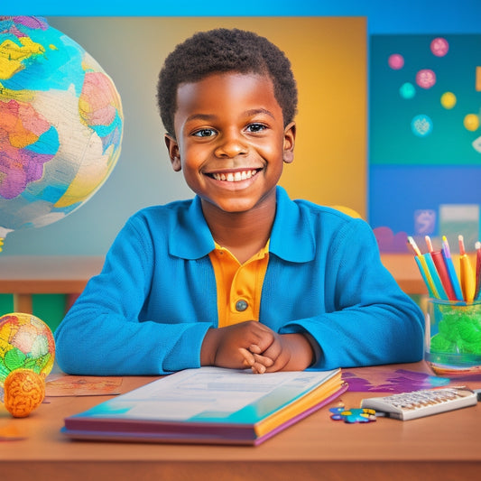 An illustration of a smiling 3rd-grade student sitting at a desk, surrounded by a laptop, tablet, and math textbooks, with a globe and puzzle pieces in the background, surrounded by colorful math symbols and icons.