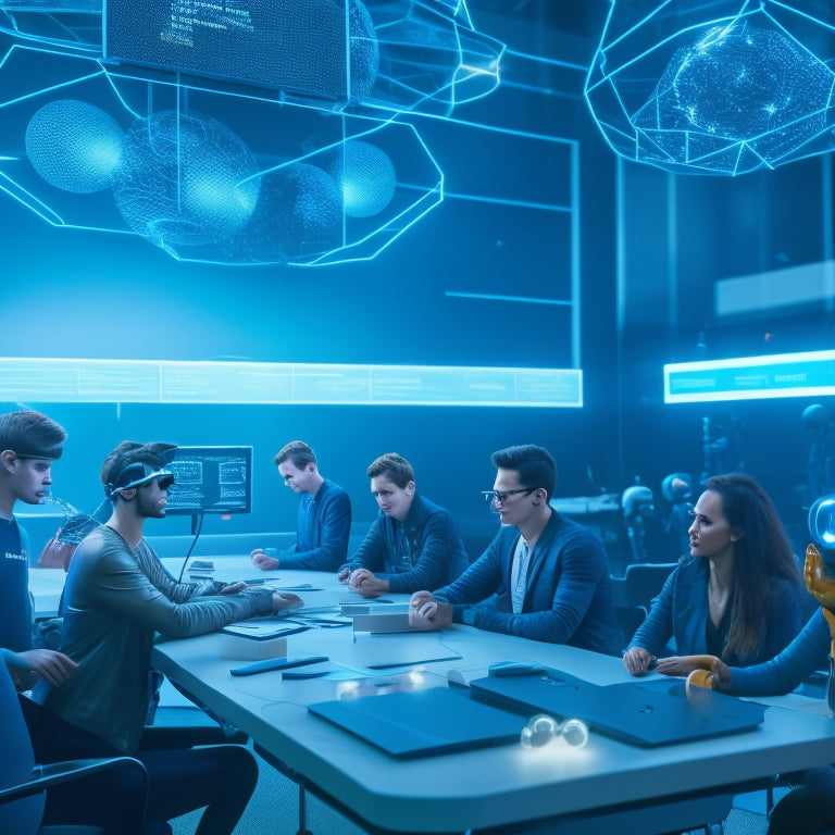 A futuristic classroom with students wearing VR headsets, surrounded by 3D models of molecules, robots, and planets, with neon-lit wires and coding scripts on screens in the background.