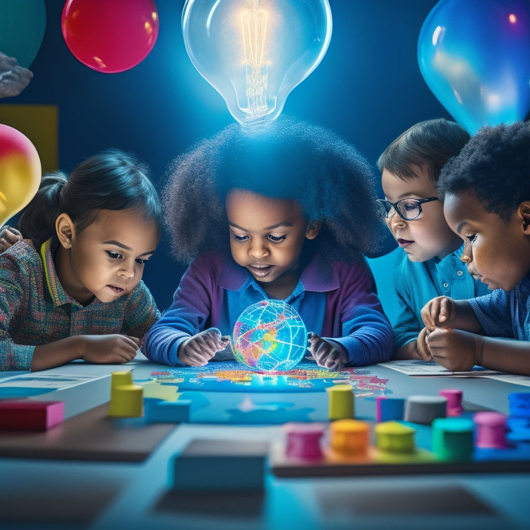 A colorful illustration of diverse children engaged in various educational games, surrounded by brain-shaped puzzle pieces, glowing light bulbs, and floating icons of math symbols, letters, and shapes.