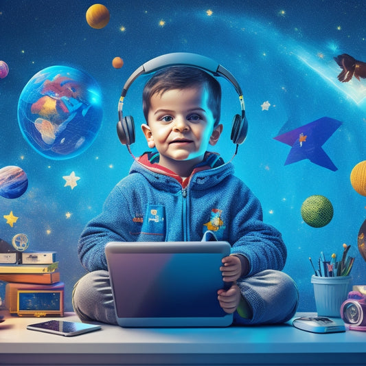 A colorful illustration of a young child surrounded by digital devices, including a tablet, laptop, and smartphone, with interactive learning icons and educational apps floating above, amidst a whimsical, starry background.