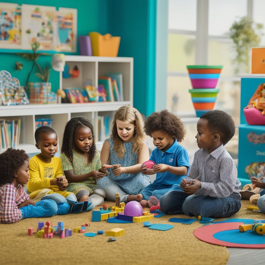 A colorful, clutter-free playroom scene featuring a diverse group of children engaged with various educational toys, including building blocks, puzzles, and a microscope, surrounded by books and a globe.