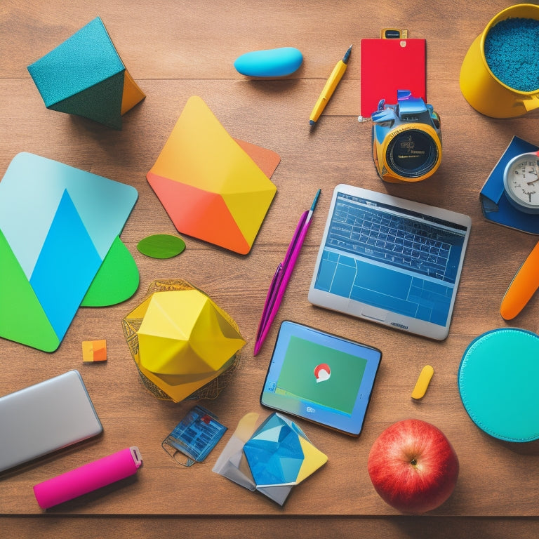 A colorful and organized desk with a laptop, tablet, and smartphone, surrounded by various digital devices, geometric shapes, and mathematical symbols, with a subtle background of a classroom or school setting.