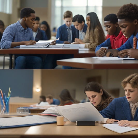 A split-screen image: a cluttered high school desk with math textbooks, calculator, and notes on one side, and a sleek, modern college lecture hall with students engaged on laptops on the other.