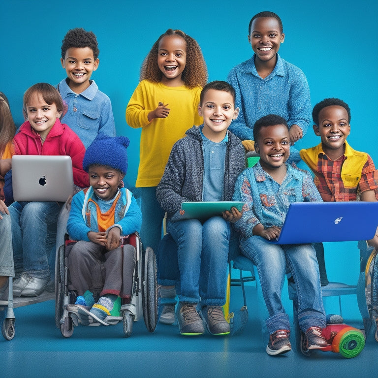 A colorful illustration of a diverse group of happy children with various disabilities, each engaged with a tablet or laptop, surrounded by virtual learning tools and assistive technology icons.