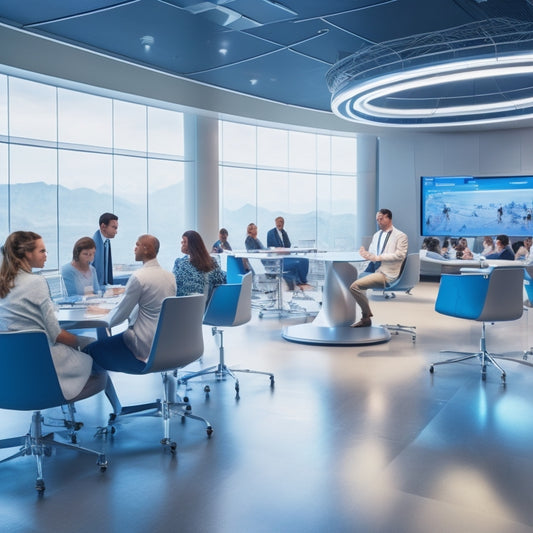 A futuristic classroom with sleek, silver tables and chairs, surrounded by floor-to-ceiling screens displaying interactive lessons, robots assisting students, and a holographic teacher lecturing in the center.