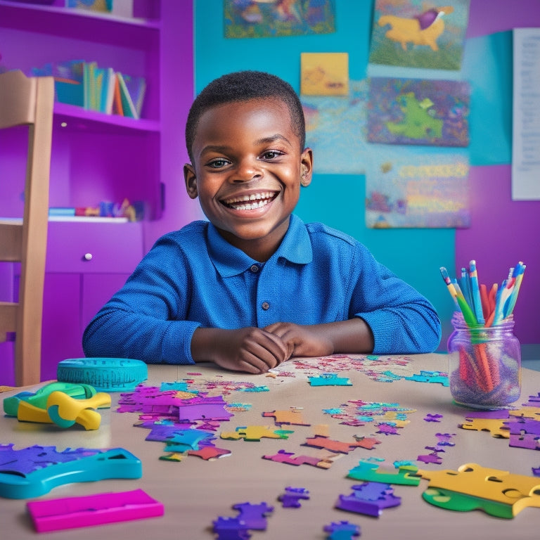 A colorful illustration of a smiling 3rd-grade student sitting at a desk, surrounded by puzzle pieces, a partially completed jigsaw puzzle, and a few scattered brain-teaser toys, with a subtle background of a chalkboard or classroom.