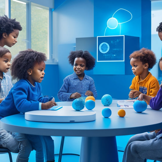 A futuristic classroom scene with diverse children engaged with interactive toys, surrounded by swirling shapes and lines representing data and technology, against a bright, gradient blue background.
