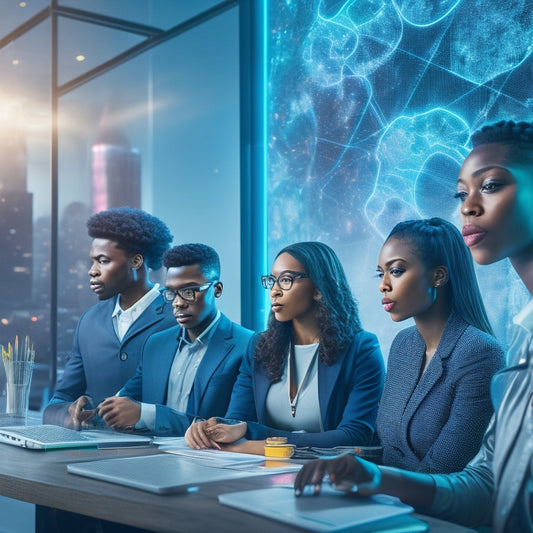 A futuristic digital classroom with diverse students collaborating on interactive screens, surrounded by swirling thought bubbles, gears, and lightbulbs, amidst a cityscape backdrop with skyscrapers and neon lights.